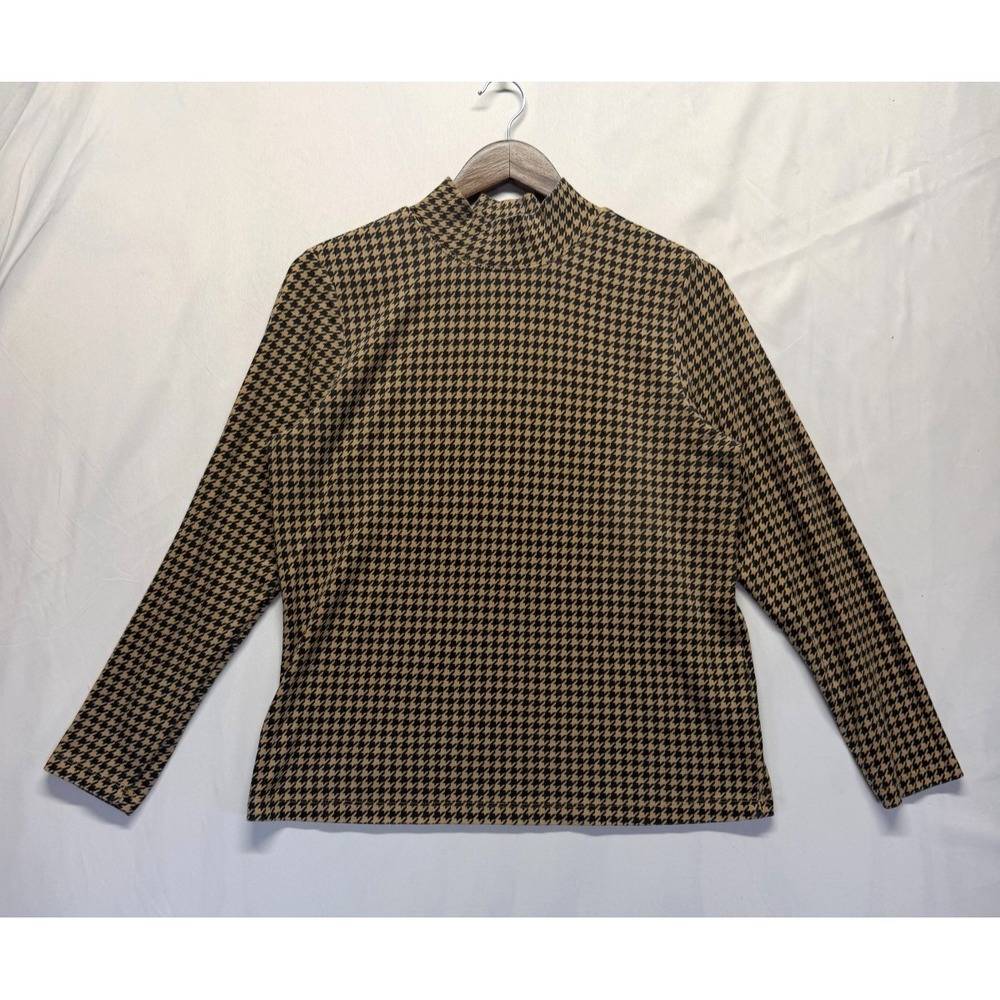 Karen Scott Blouse Top Womens Large Tan Black Houndstooth Print Cotton Mock Neck